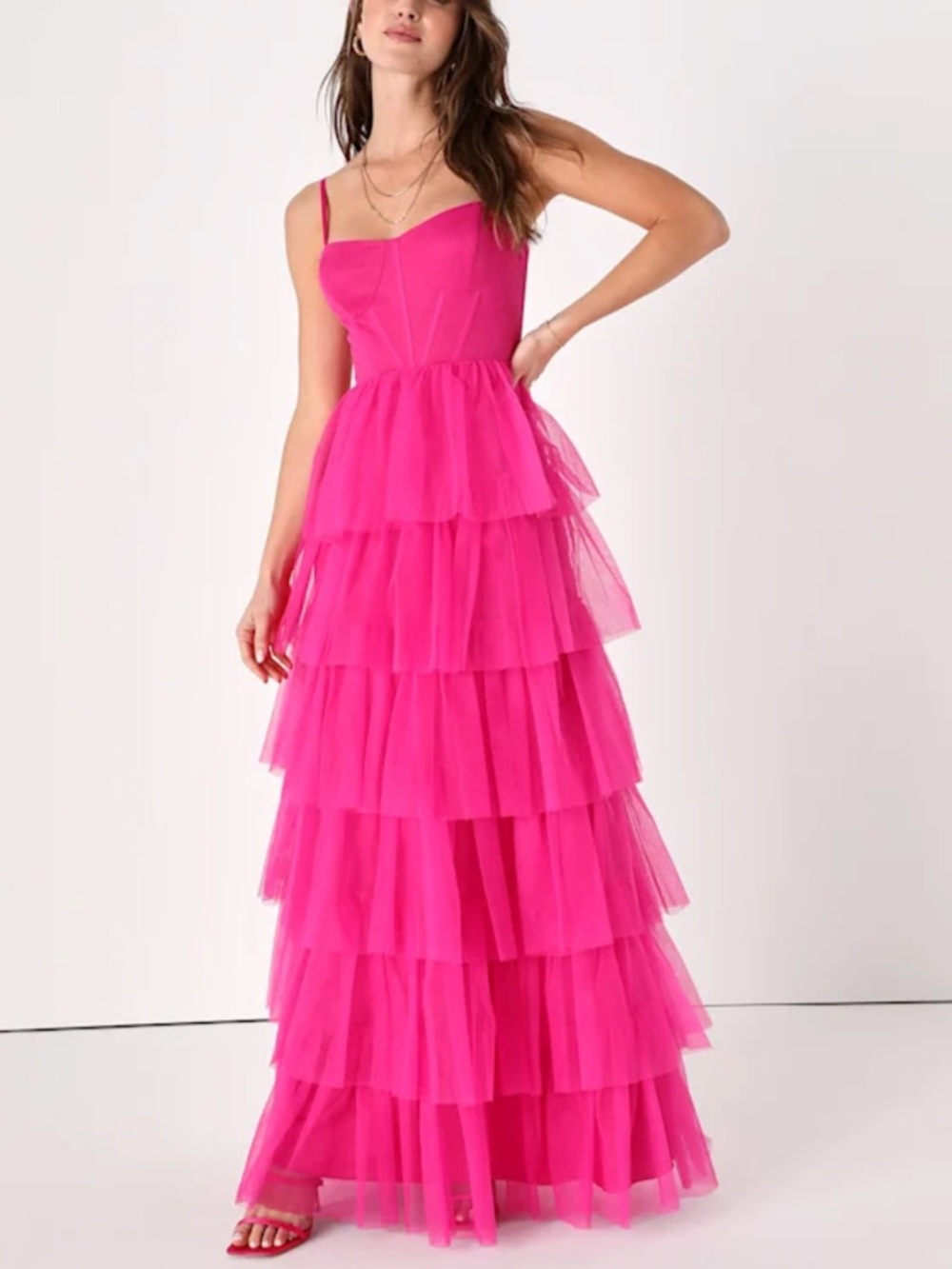 Lulus Hot Pink Tiered Tulle Corset Dress - Picture 2 of 8